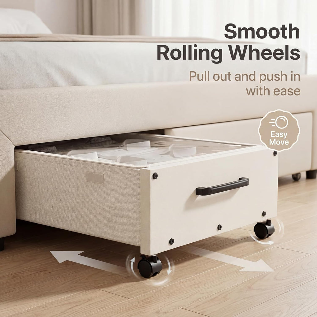 KITHELP Wooden Under Bed Storage with Wheels, Rolling Under the Bed Storage Bins with Removable Lid, Metal Under Bed Drawers for Clothes and Shoes in Bedroom or Living Room (White-2pack)
