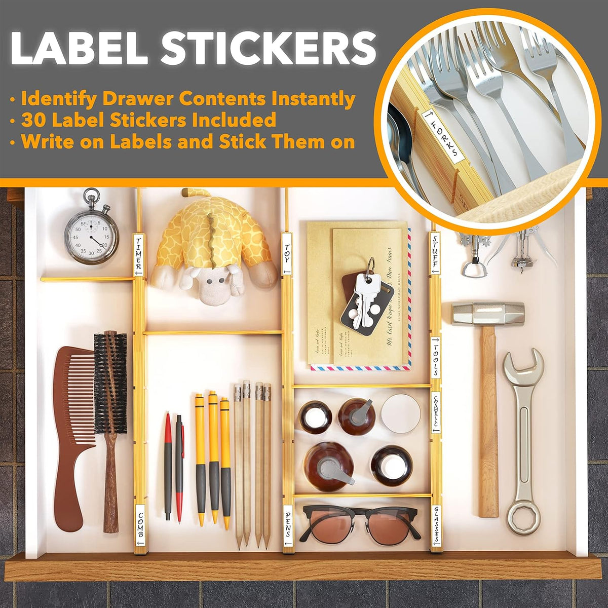 SpaceAid Bamboo Drawer Dividers with Inserts and Labels, Kitchen Adjustable Drawer Organizers, Expandable Organization for Home, Office, Dressers and Bathroom, 8 Dividers with 18 Inserts (17-22 in)