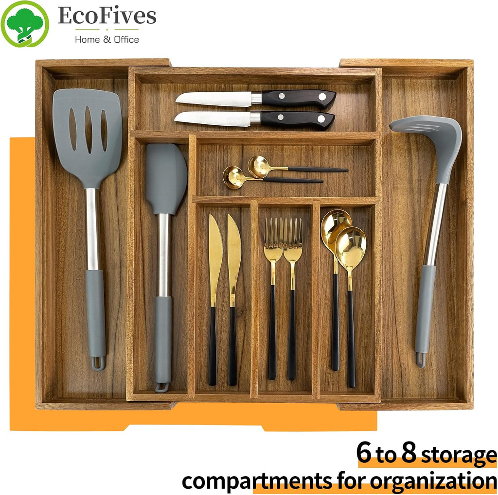 Luxury Acacia Kitchen Drawer Organizer - Silverware Organizer - Utensil Holder and Cutlery Tray with Grooved Drawer Dividers for Flatware and Kitchen Utensils (8 Slot), 17*12.4*2 inch