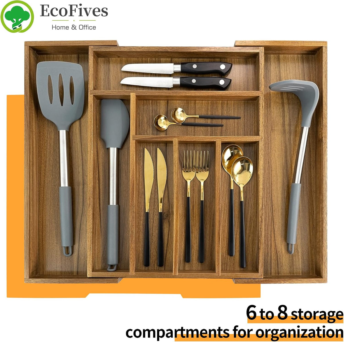 Luxury Acacia Kitchen Drawer Organizer - Silverware Organizer - Utensil Holder and Cutlery Tray with Grooved Drawer Dividers for Flatware and Kitchen Utensils (8 Slot), 17*12.4*2 inch