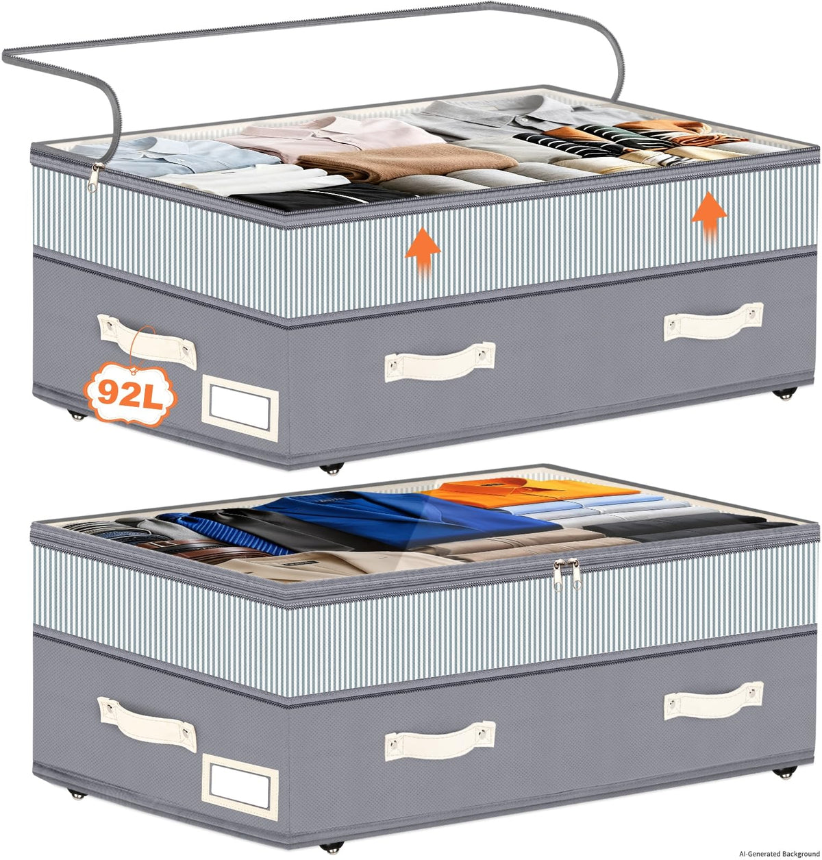Dolicer 2 Pack Under Bed Storage with Wheels, 6in-10in Height Adjustable Underbed Storage Containers, 92L XXXL Under Bed Drawers Rolling Bin with Clear Lids for Dorm Shoes Clothes Organizers(Green)