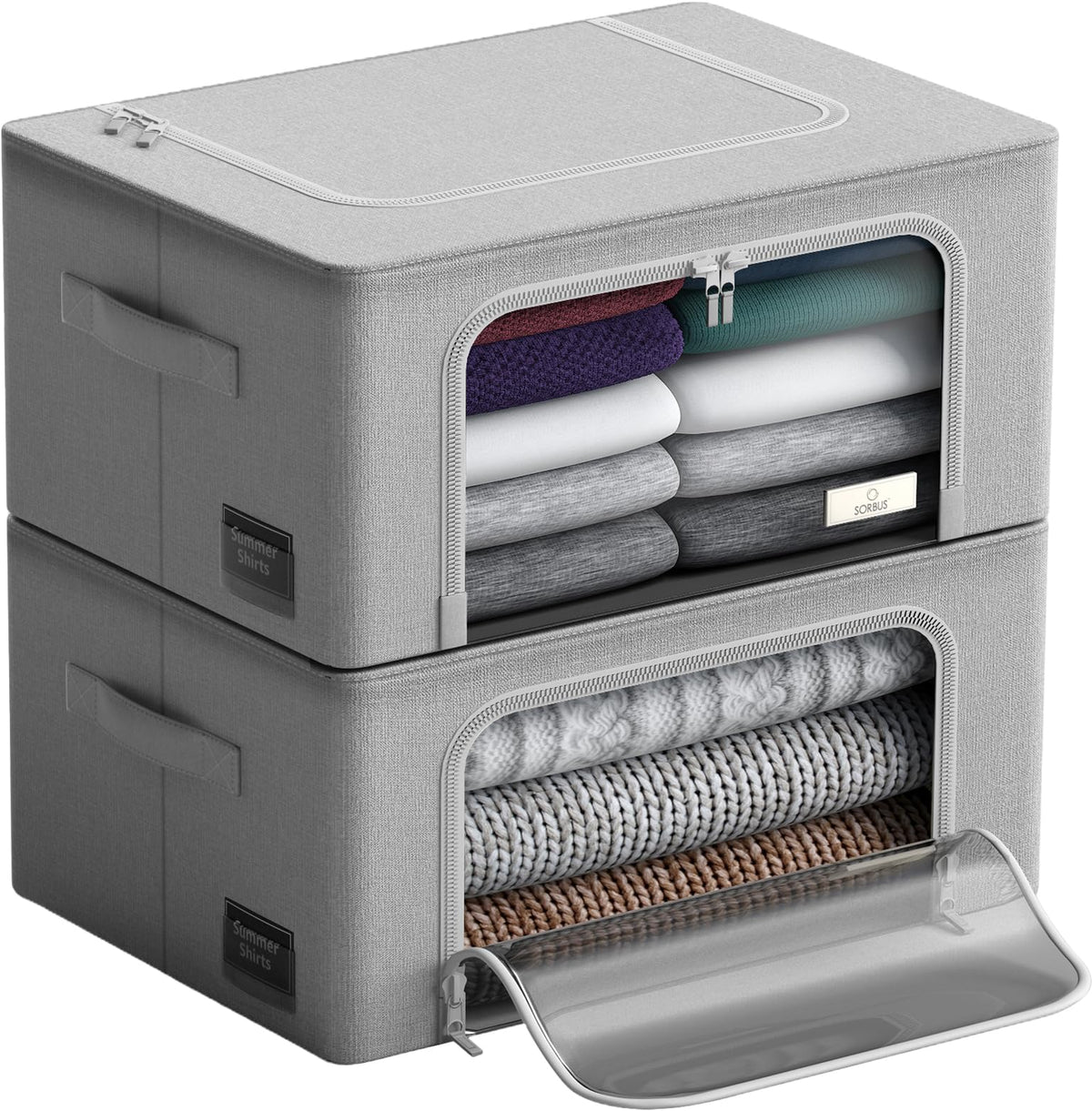 Sorbus Clothes Storage Bins, Clear Window & Handles (2 Pack, Gray)