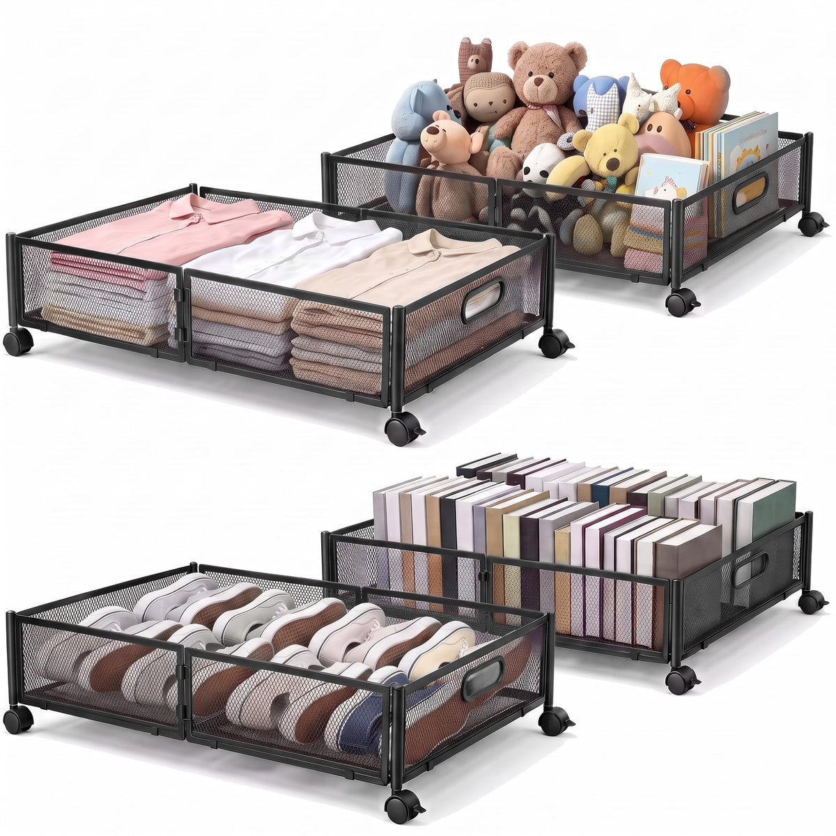 VECELO Under Bed Storage Containers with Wheels, Foldable Shoe Organizer Drawer with Handles, Space Saving for bedroom, Tool-free Assembly, 2 Pack