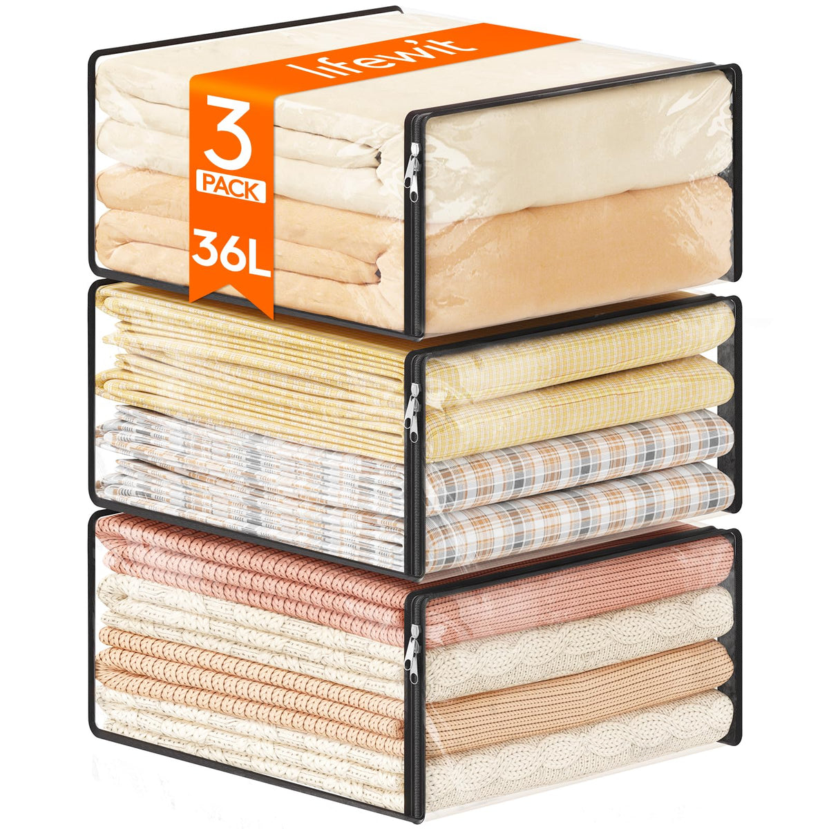 Lifewit 14L Clear Sheet Storage Bags with Zipper 3 Pack, Plastic Sweater Storage Bins for Clothing, Vinyl Foldable Clothes Containers Organizers for Closet, Blankets, Bedding 15.7 x 13.8 x 3.9 Inch