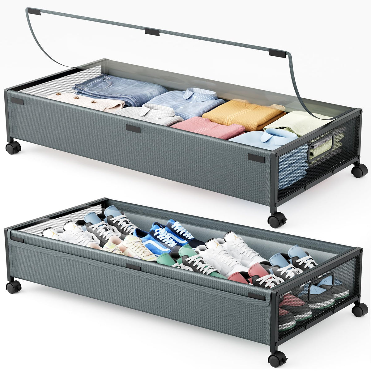 Under Bed Storage with Wheels,2Pack Underbed Shoe Storage Organizer,7.5-10.6 inchTall Adjustable Storage for Underbed with Lids,65L Extra large capacity for Clothes, Blankets,Shoes