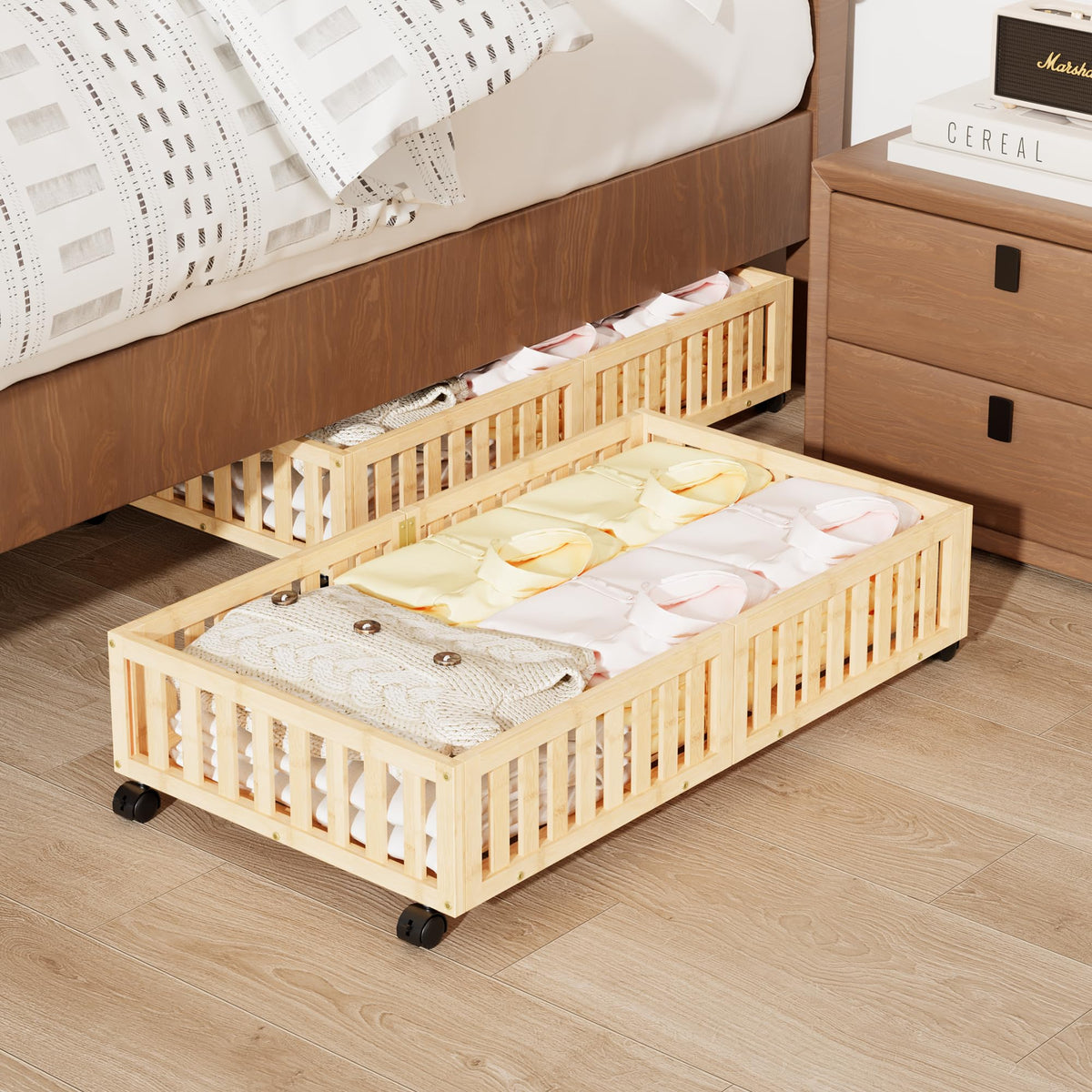 Under Bed Storage with Wheels, 2 Pcs Bamboo Drawers for Clothes and Toy