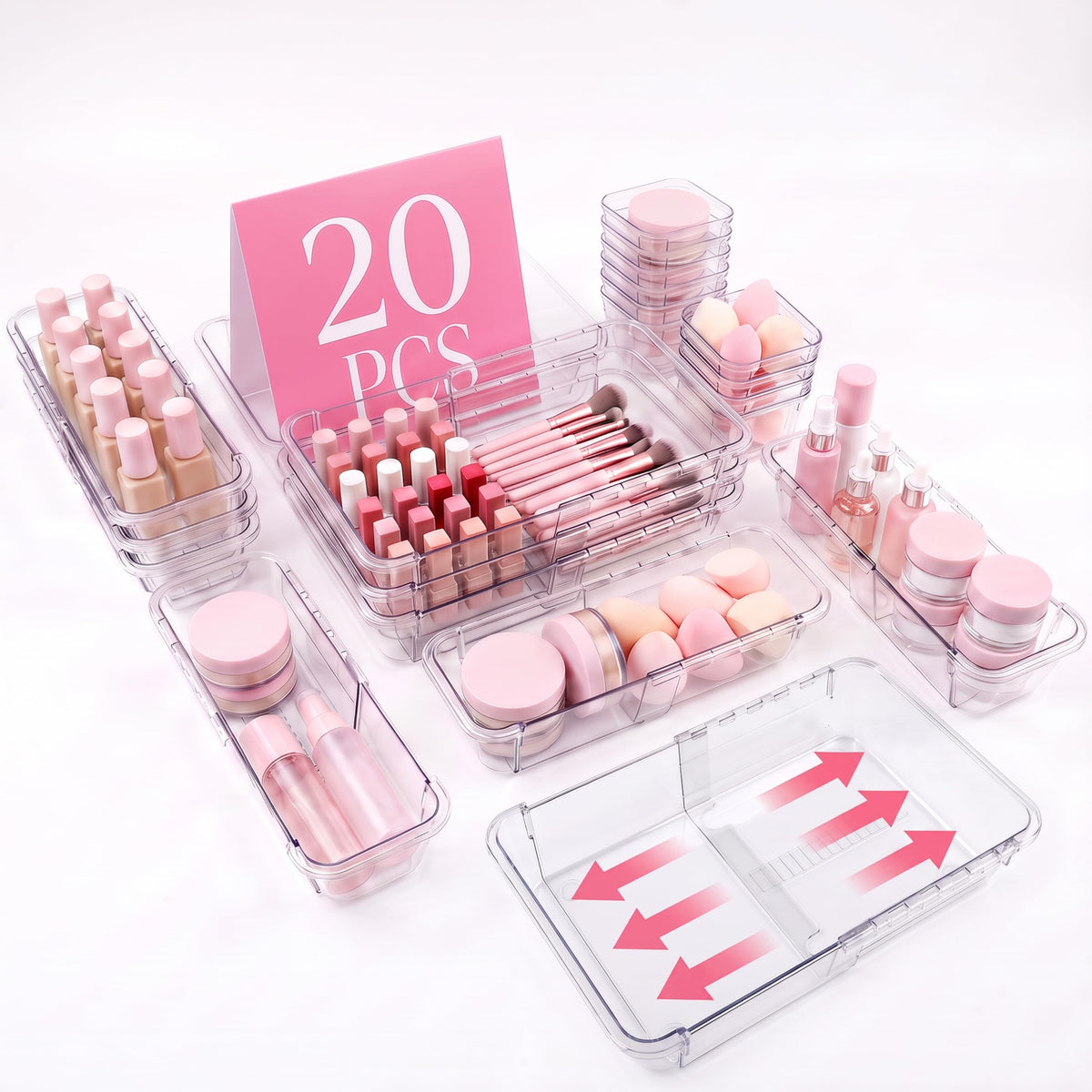 16 Pcs Drawer Organizer Set, Expandable Clear Plastic Drawer Storage Bins, Adjustable Drawer Divider Organizers, Durable Drawer Storage Extendable Trays for Gadgets, Makeup, Kitchen, Bathroom, Office