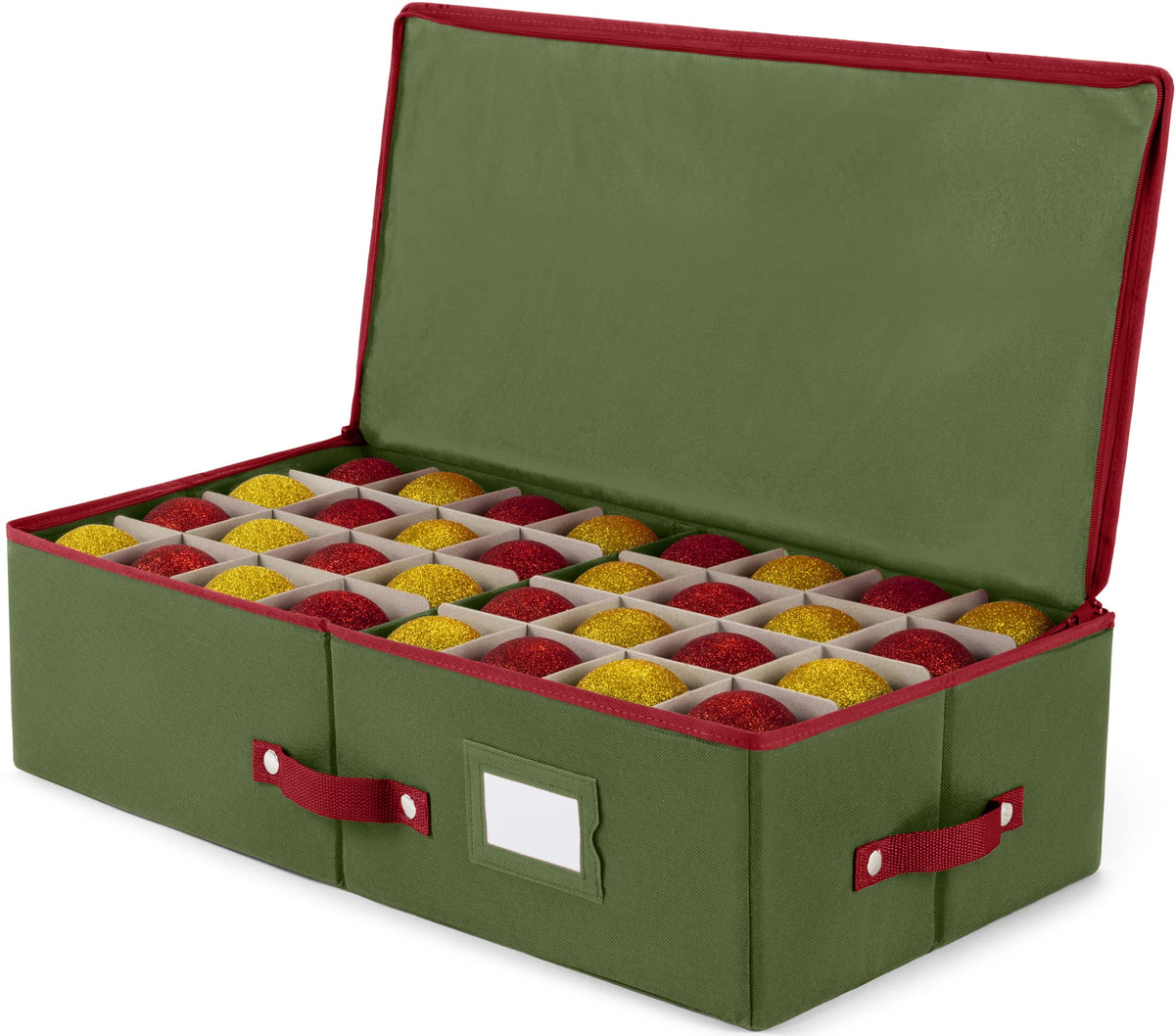 ZOBER Underbed Christmas Ornament Storage Box - Stores 120 3" Ornaments, With Dividers - Tear Proof 600D Oxford Fabric, Ornament Organizer Storage Box, Durable Christmas Containers Holder - Red
