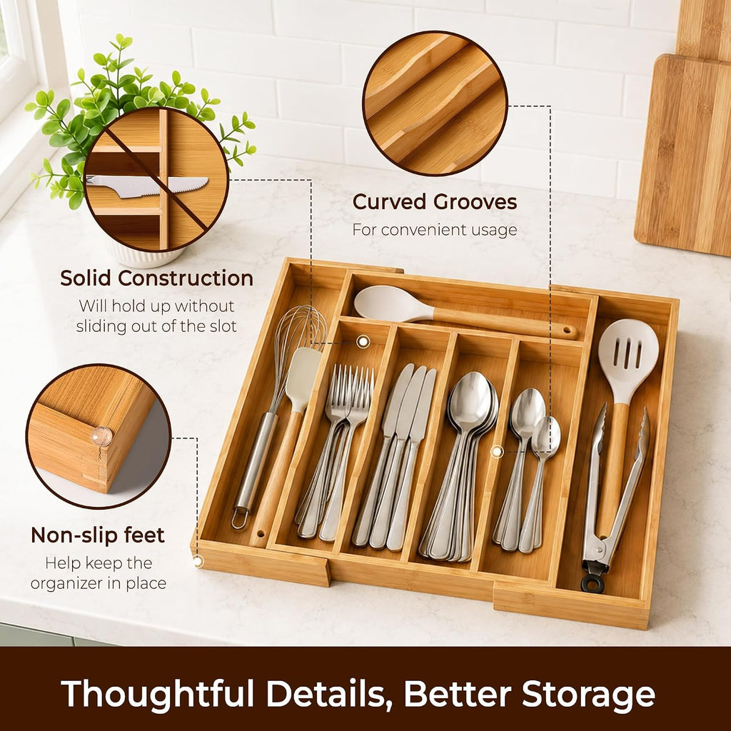 Expandable Bamboo Kitchen Drawer Organizer for Cutlery and Utensils, Adjustable Bamboo Wood Cutlery Tray in Drawer for Flatware and Silverware in Kitchen, (Natural)