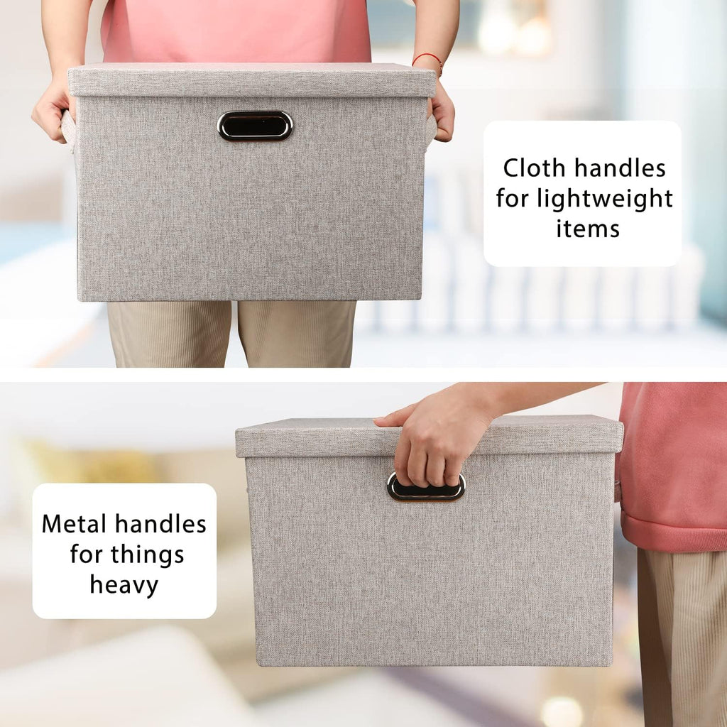 Graciadeco Large Quart Collapsible Stackable Storage Bins with Lids, 3 Packs Beige Linen Fabric Closet Boxes with Lids, Storage Cube Baskets Container Organizers for Bedroom Office(16.6 x 11.7 x 10.8)