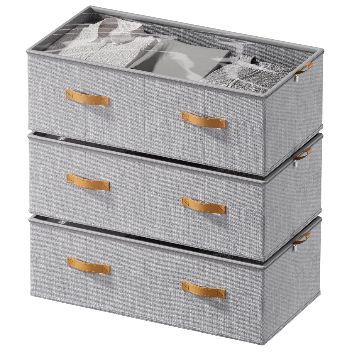 10inch 3 Pack Under Bed Storage Containers, 10 Inch Tall Underbed Clothes Storage Organizer Bin with Clear Window，Foldable Box Basket for Clothes, Closet, Bed Sheets and Blankets Beige