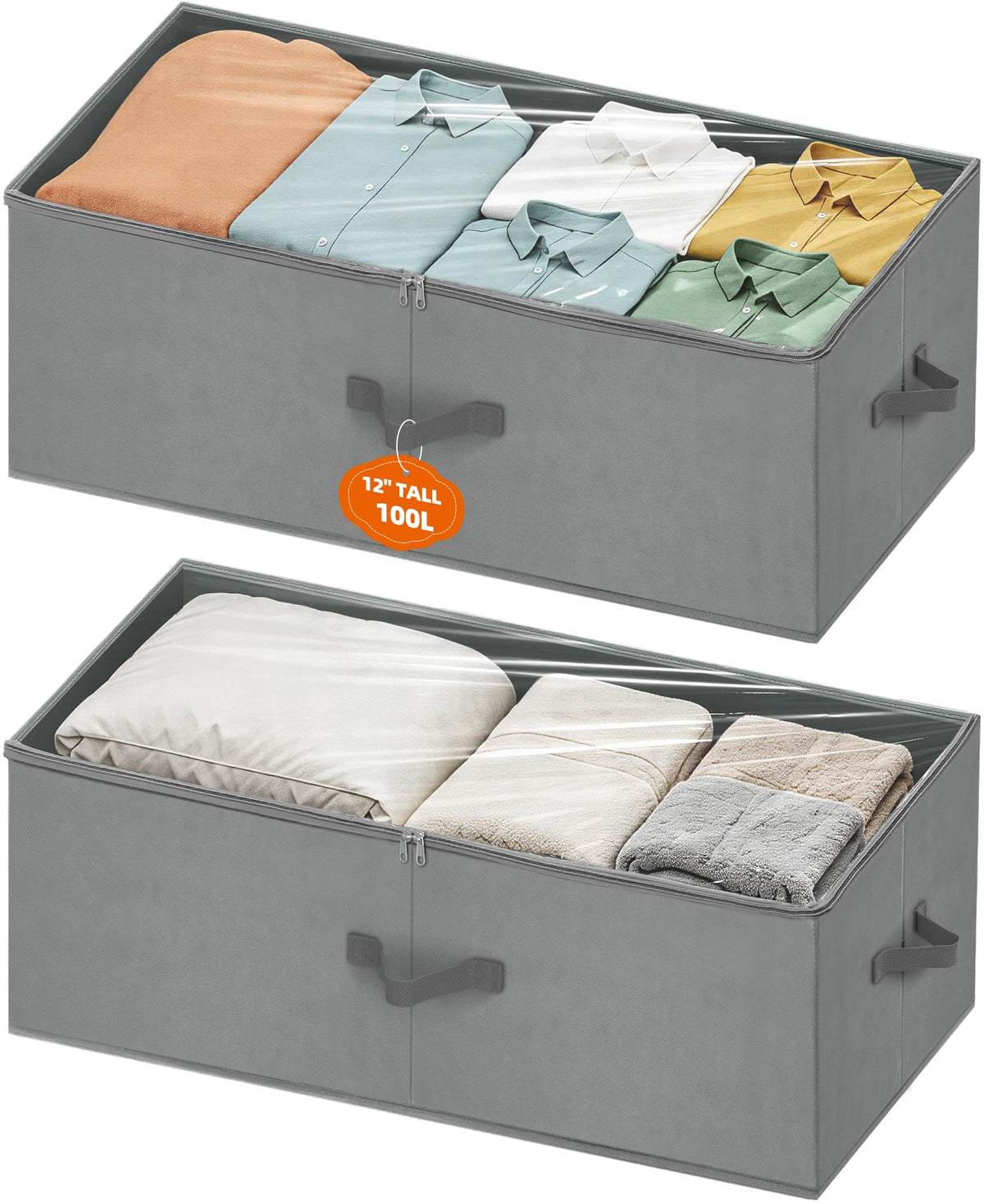 Large Under Bed Storage Containers, 12" Height, 31" Long, 2 Pack, Black