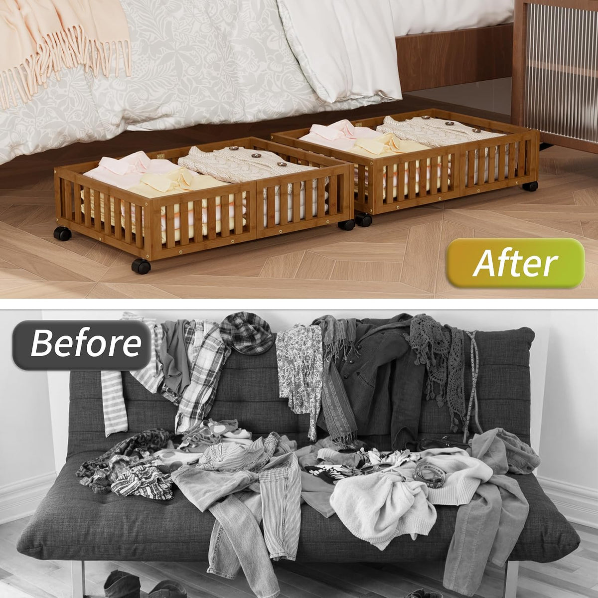 Under Bed Storage with Wheels, 2 Pcs Bamboo Drawers for Clothes and Toy