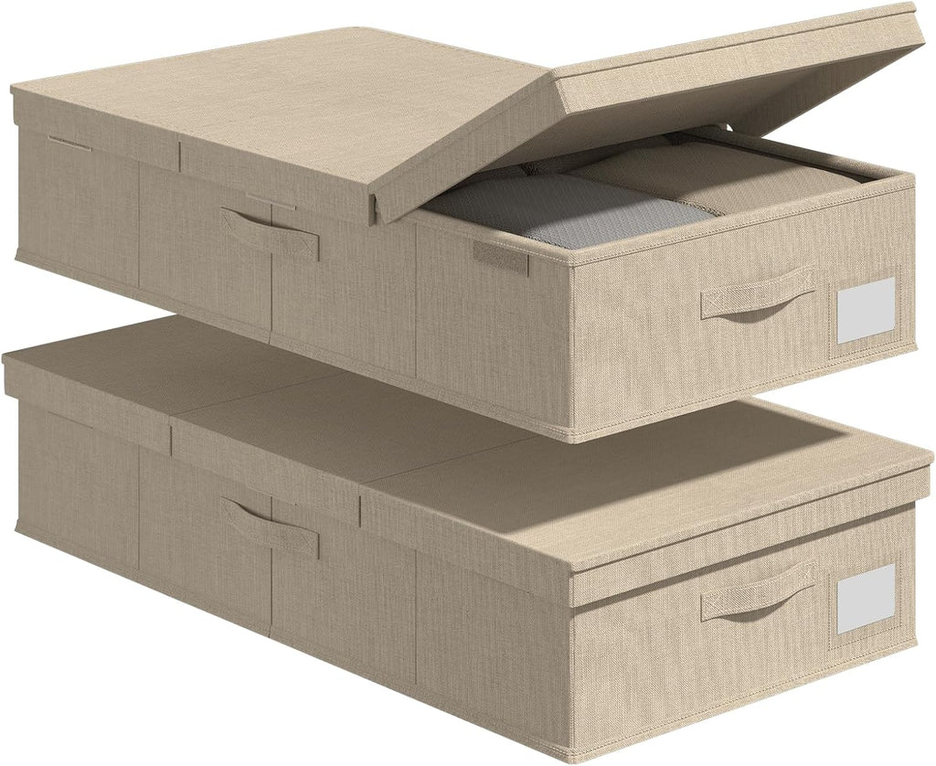 FHSQX Under Bed Storage Container 2Pack 6 Inches Low Profile Under-bed Organizer Bins Slim Under Couch Storage Box Ideal For Seasonal Clothes Blankets Towel Fabric (2, Beige, 31.5 * 16.5 * 6in)