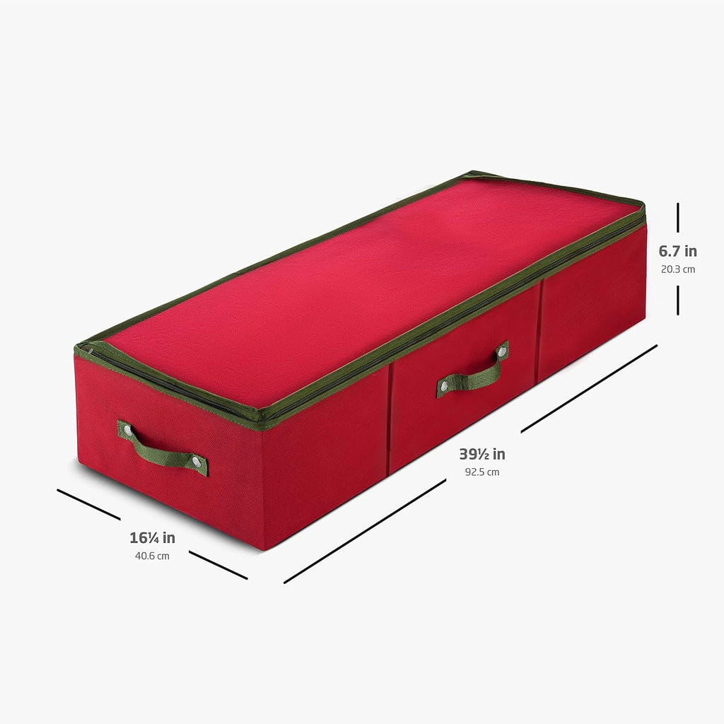 ZOBER Underbed Christmas Ornament Storage Box - Stores 120 3" Ornaments, With Dividers - Tear Proof 600D Oxford Fabric, Ornament Organizer Storage Box, Durable Christmas Containers Holder - Red