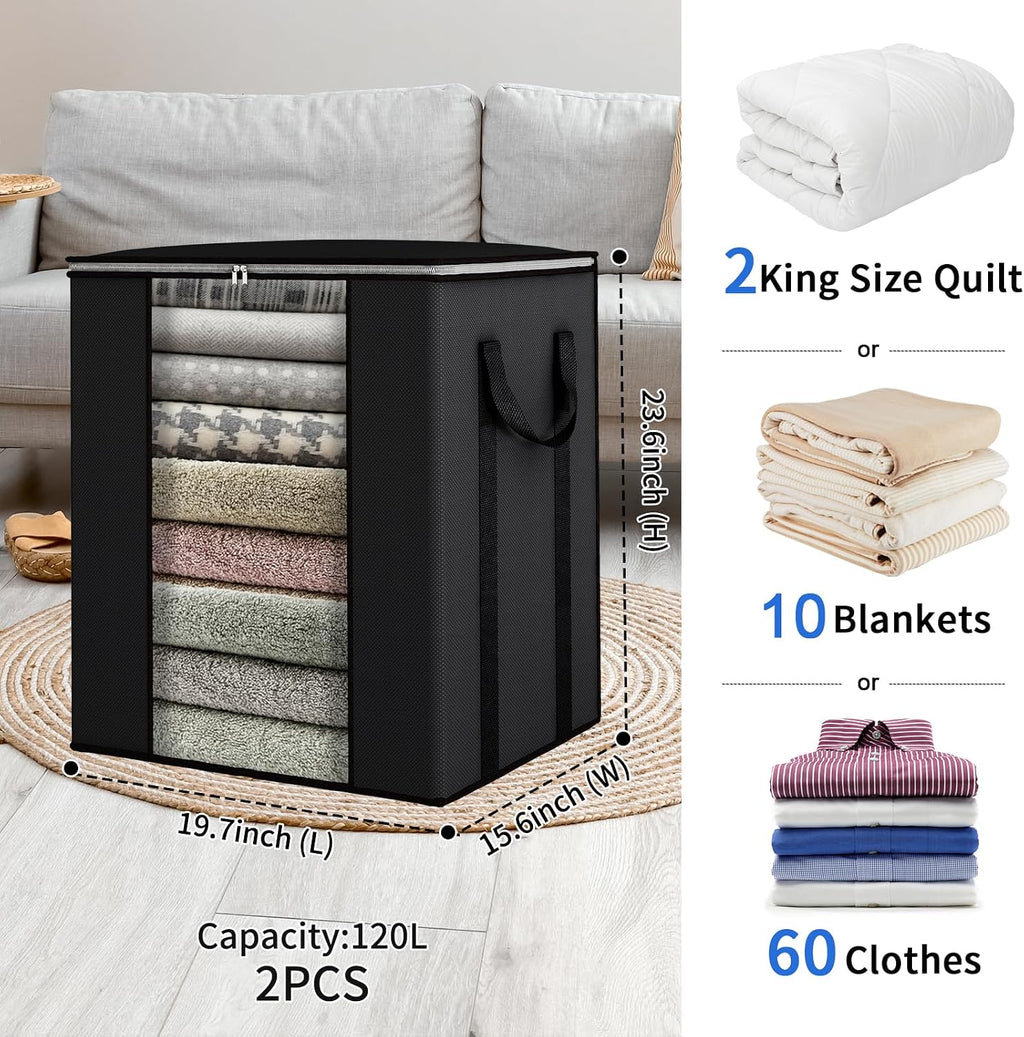 Blanket Storage Bags 120L for Comforter Clothes Bedding 2 Pack Black
