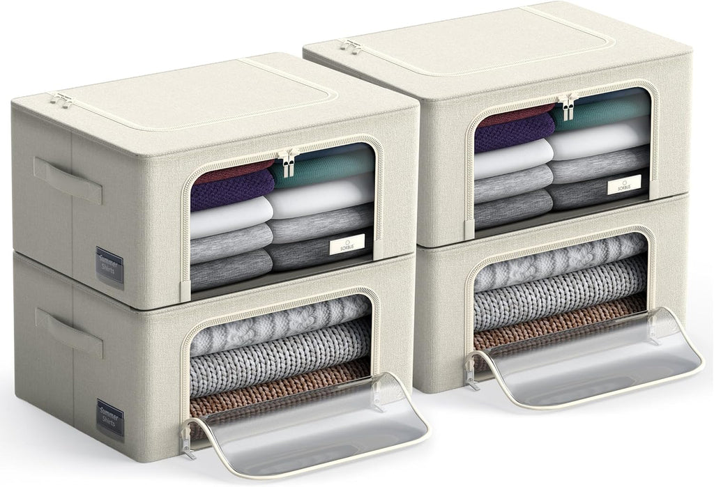 Sorbus Clothes Storage Bins, Clear Window & Handles (4 Pack, Beige)