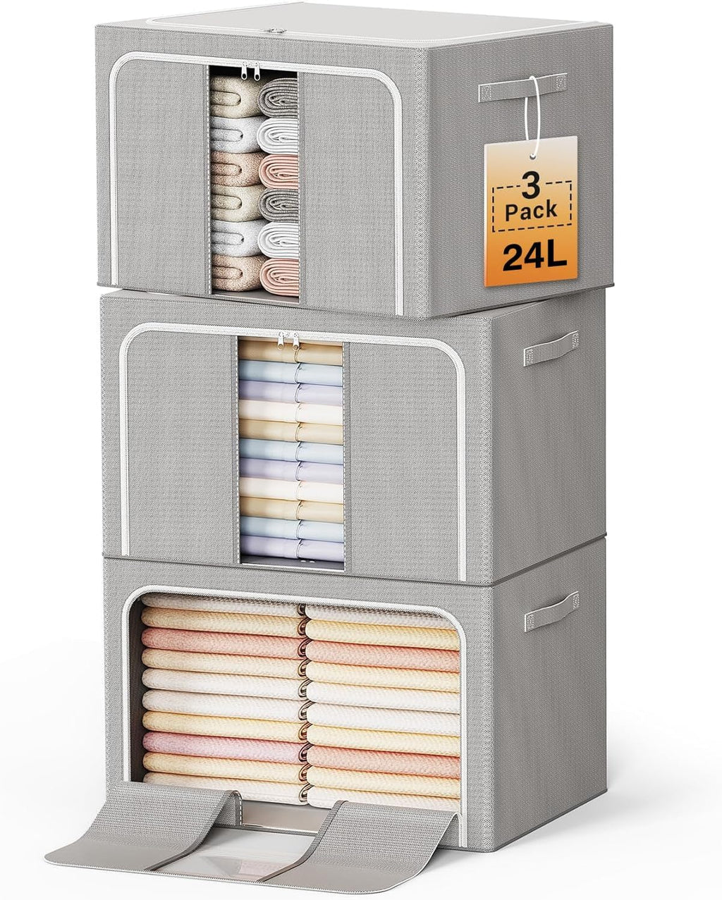 Clothes Storage Bins with Metal Frame Foldable Storage Box Clothes Organizers Storage Containers for Clothes Sheets Blankets Books Toys Gifts and Holiday Decorations (24Lx3 Pack)
