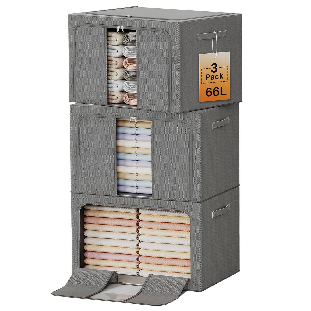 Clothes Storage Bins with Metal Frame Foldable Storage Box Clothes Organizers Storage Containers for Clothes Sheets Blankets Books Toys Gifts and Holiday Decorations (24Lx3 Pack)