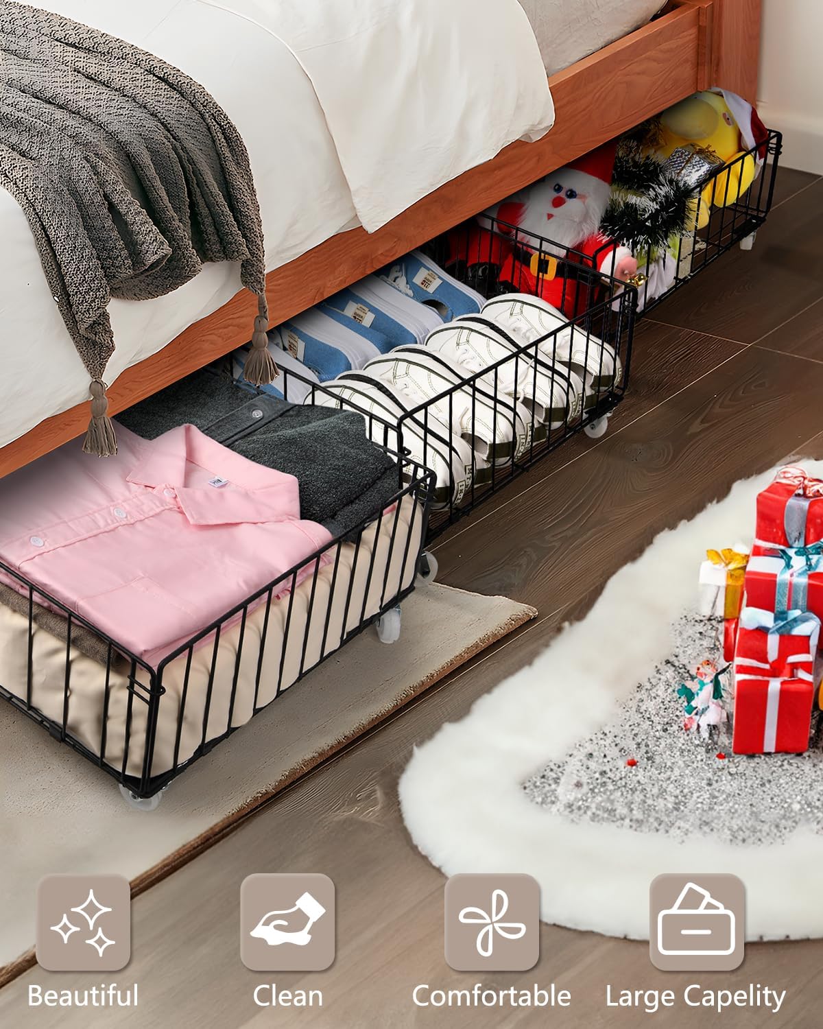 4 Pack Larger Under Bed Storage With Wheels,Rolling Under Bed Drawer,Under Bed Shoes Storage,Open Design, Large capacity,Suitable For Various Storage