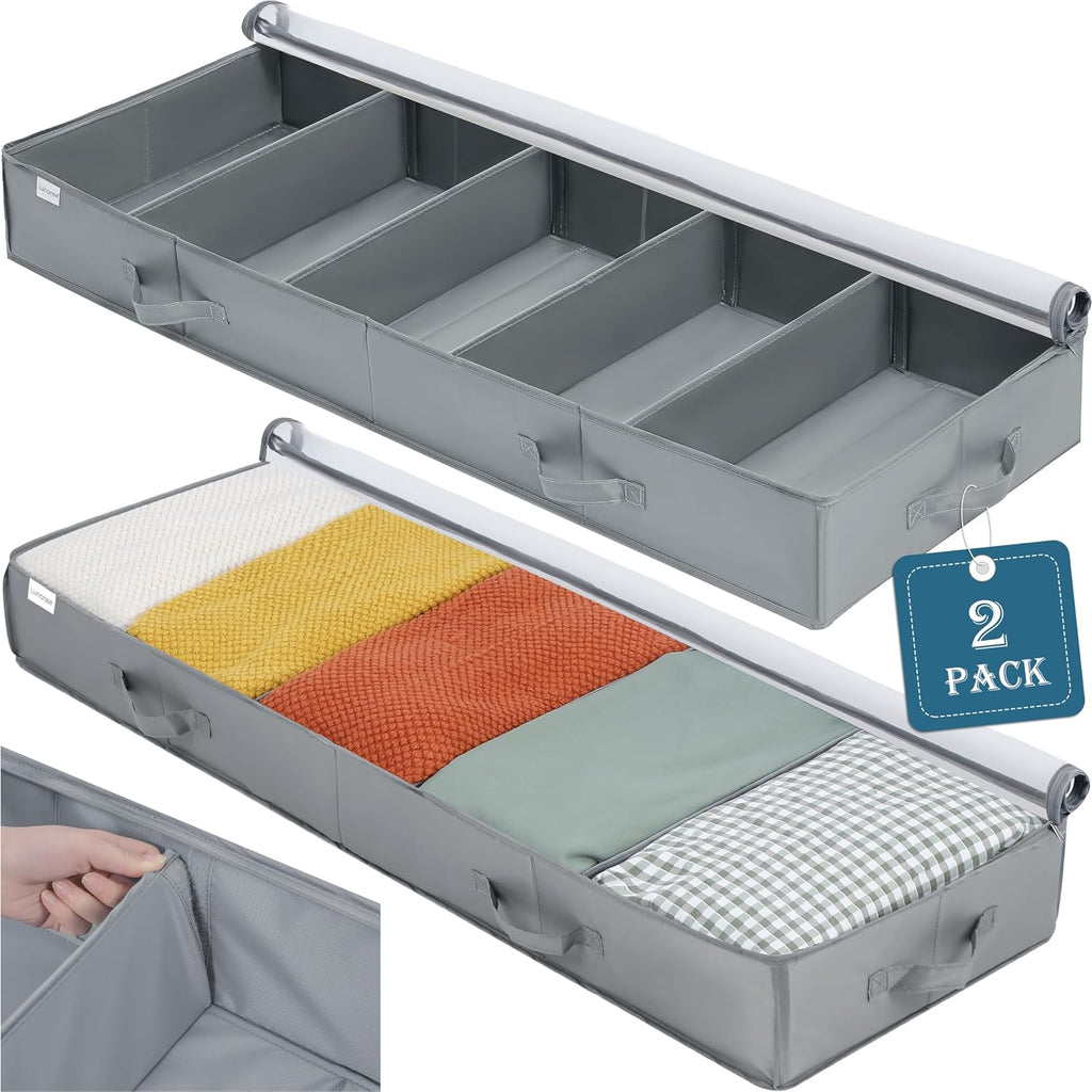Under Bed Storage Containers, 2 Pack Under the Bed Bags, Clear Underbed Storage Bins with Sturdy | Adjustable Dividers | Sidewalls | Bottom, Closet Organizer for Clothes Sheet Blankets, 47.5x16x6in