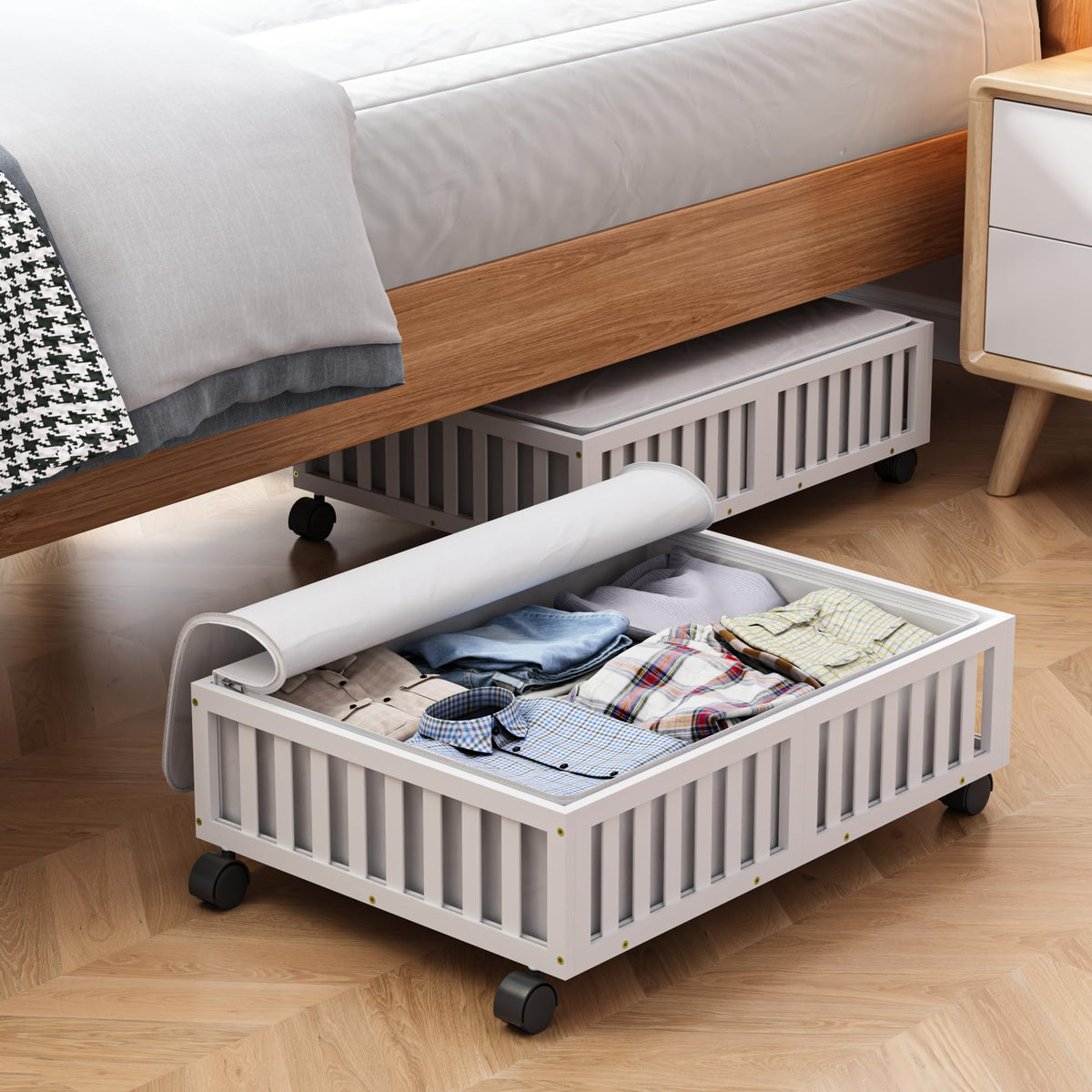 2 Pack Large Bamboo Under Bed Storage Containers with Wheels, Nature