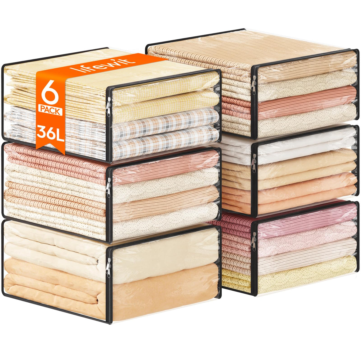 Lifewit 14L Clear Sheet Storage Bags with Zipper 3 Pack, Plastic Sweater Storage Bins for Clothing, Vinyl Foldable Clothes Containers Organizers for Closet, Blankets, Bedding 15.7 x 13.8 x 3.9 Inch