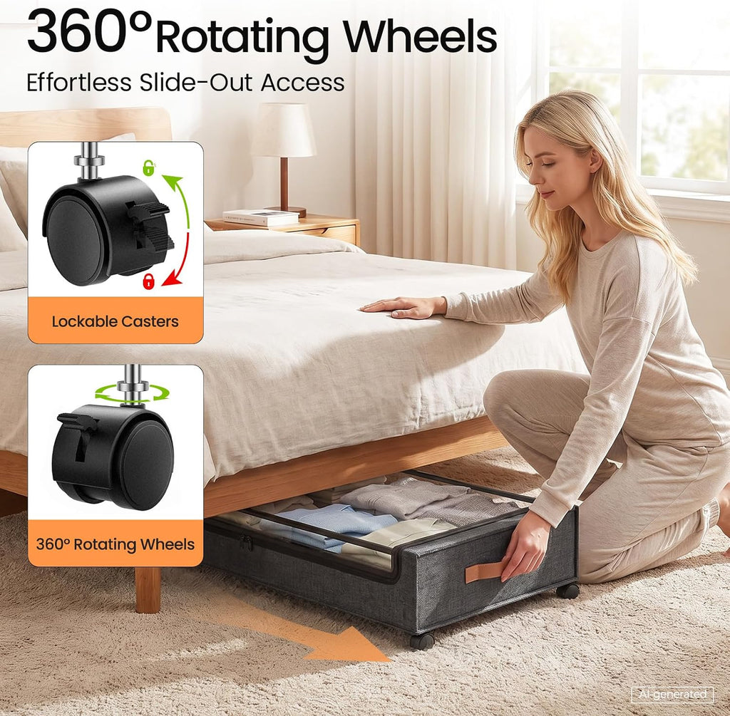 Yecaye 70L Large Under Bed Storage Containers with Wheels, 2Pack, Hemp Grey