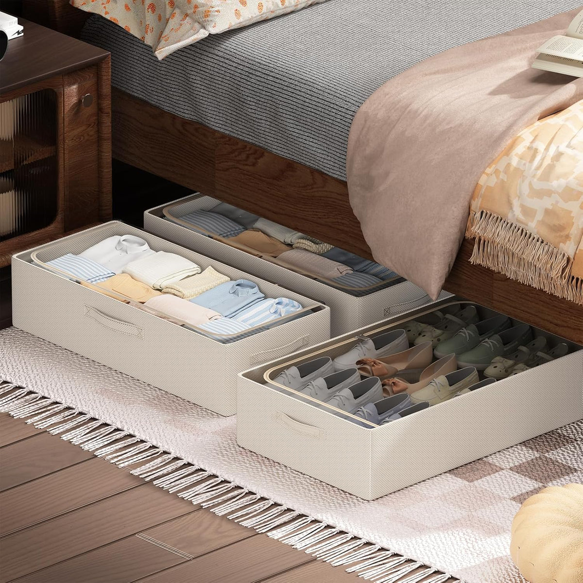 CYhom 3Pcs Under Bed Storage Bins with Metal Frame - Shoe Organizer for Closet with Clear Cover Oxford Fabric Sturdy Underbed Container Foldable Stackable Clothes Organizer (Beige, 23.5x11.8x6.3)