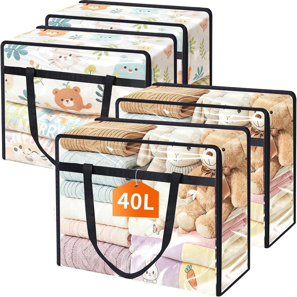 4 Pack Clear Clothes Storage Bags, 40L Vinyl Blanket Storage Containers with Heavy Duty Zipper, Foldable Moving Bags, Closet Organizers for Bedding, Clothing, Comforters, Linens, Duvet