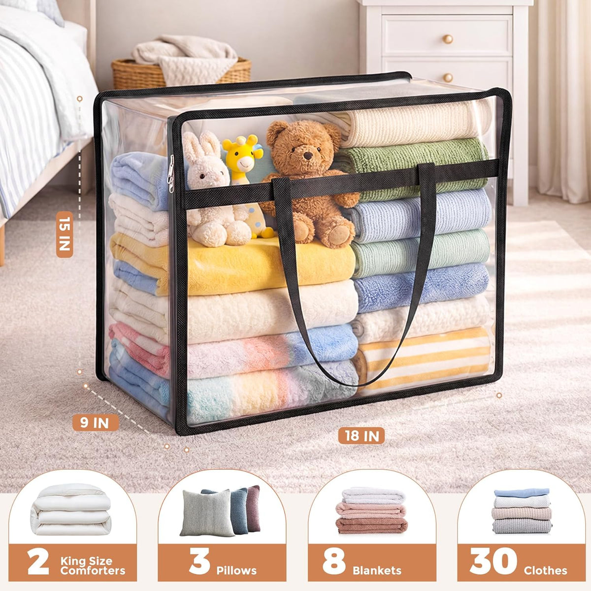 6 Pack Clear Storage Bags for Clothes, 45L Closet Organizers and Storage