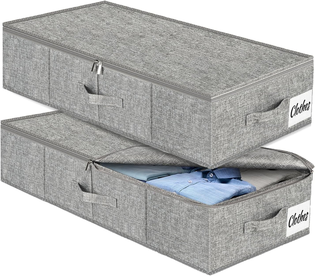 Under Bed Storage Container Bins 2 Pack, Low Profile Foldable Underbed Clothes Storage Organizer W/ Ultra Thick Fabric and Sturdy Bottom/Sides, Dual Zipper Storage Box for Dorm and Home 30x16x6.7"