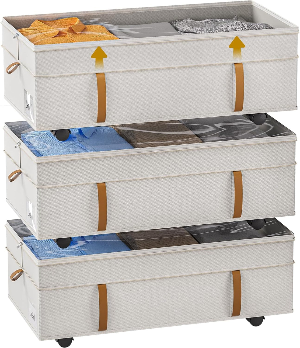 Under Bed Storage with Wheels，3 Pack Height-adjustable Under Bed Storage Containers, 6.5in-10in Tall Underbed Clothes Storage Organizer Bin with Clear Window，Foldable Box Basket for Clothes