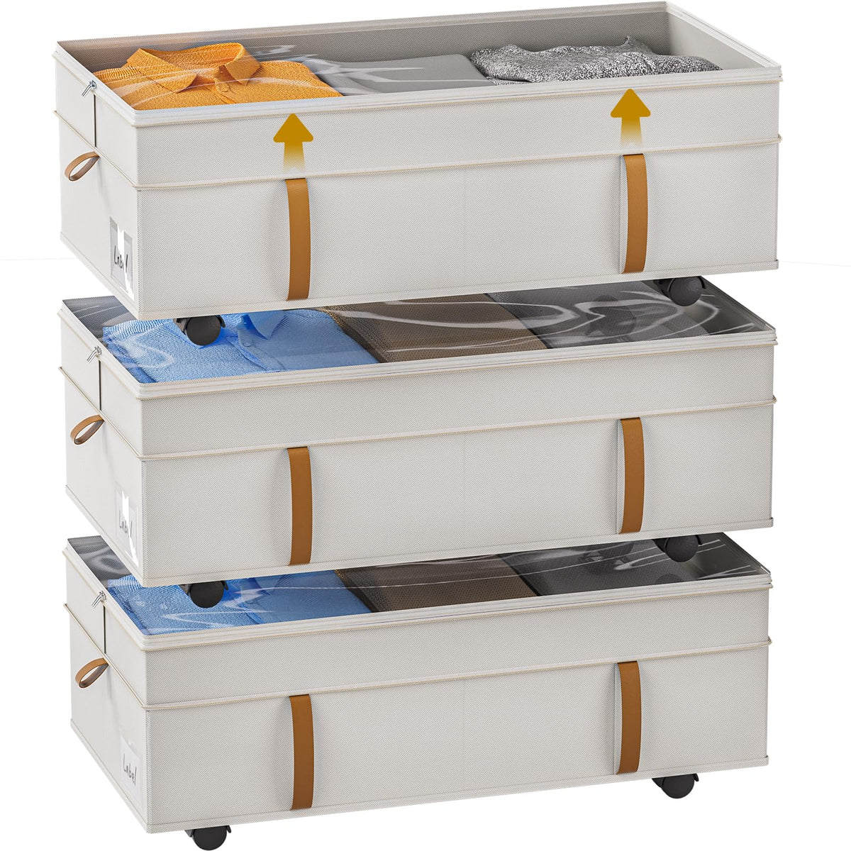 Under Bed Storage with Wheels，3 Pack Height-adjustable Under Bed Storage Containers, 6.5in-10in Tall Underbed Clothes Storage Organizer Bin with Clear Window，Foldable Box Basket for Clothes