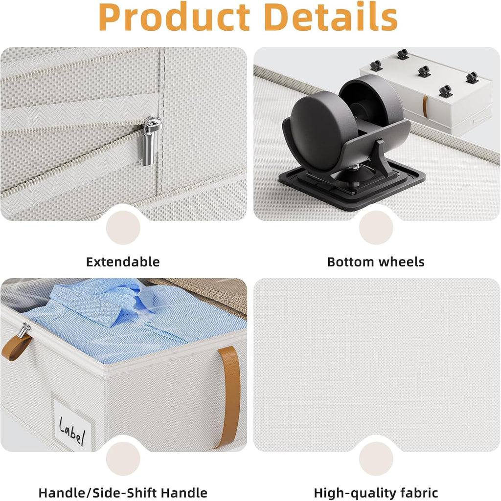 Under Bed Storage with Wheels，3 Pack Height-adjustable Under Bed Storage Containers, 6.5in-10in Tall Underbed Clothes Storage Organizer Bin with Clear Window，Foldable Box Basket for Clothes