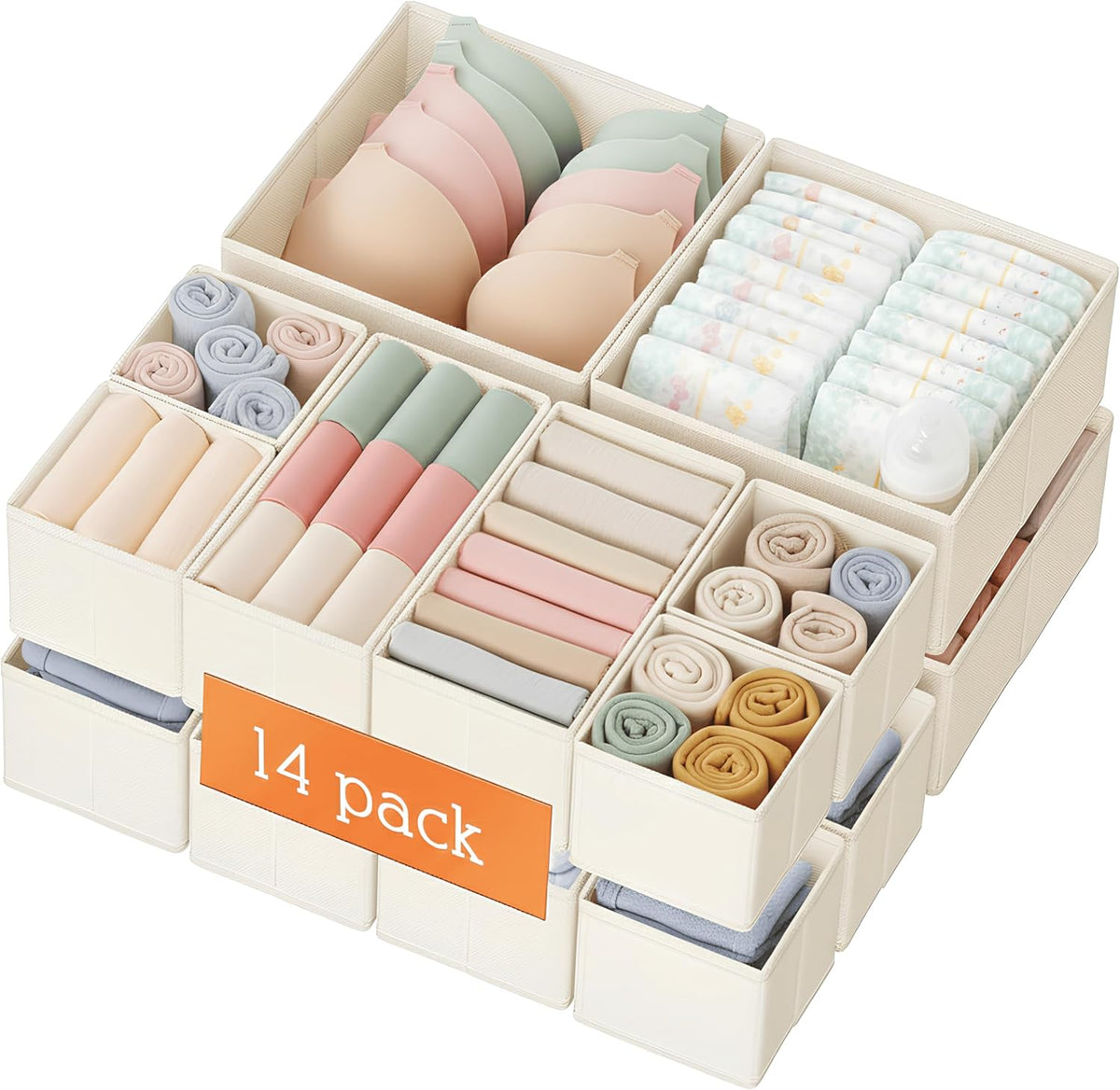 Criusia Drawer Organizer Clothes, 14 Pack Dresser Organizer for Baby Clothes, Underwear, Sock- Foldable Closet Organization and Storage Dividers Bins for Nursery, Bedroom and Dorm (Beige)