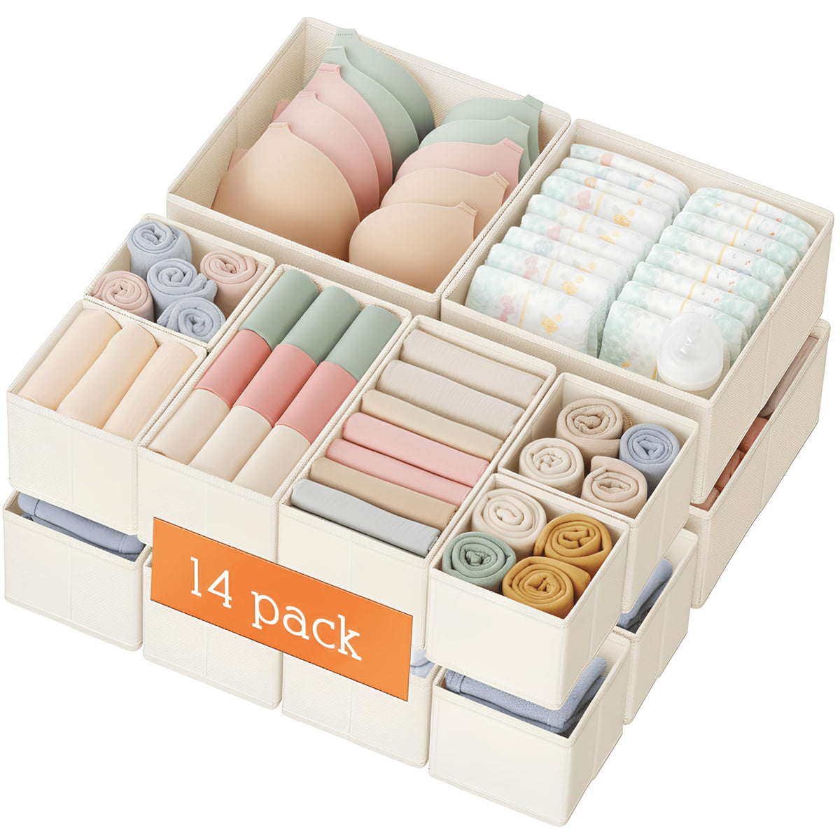 Criusia Drawer Organizer Clothes, 14 Pack Dresser Organizer for Baby Clothes, Underwear, Sock- Foldable Closet Organization and Storage Dividers Bins for Nursery, Bedroom and Dorm (Beige)