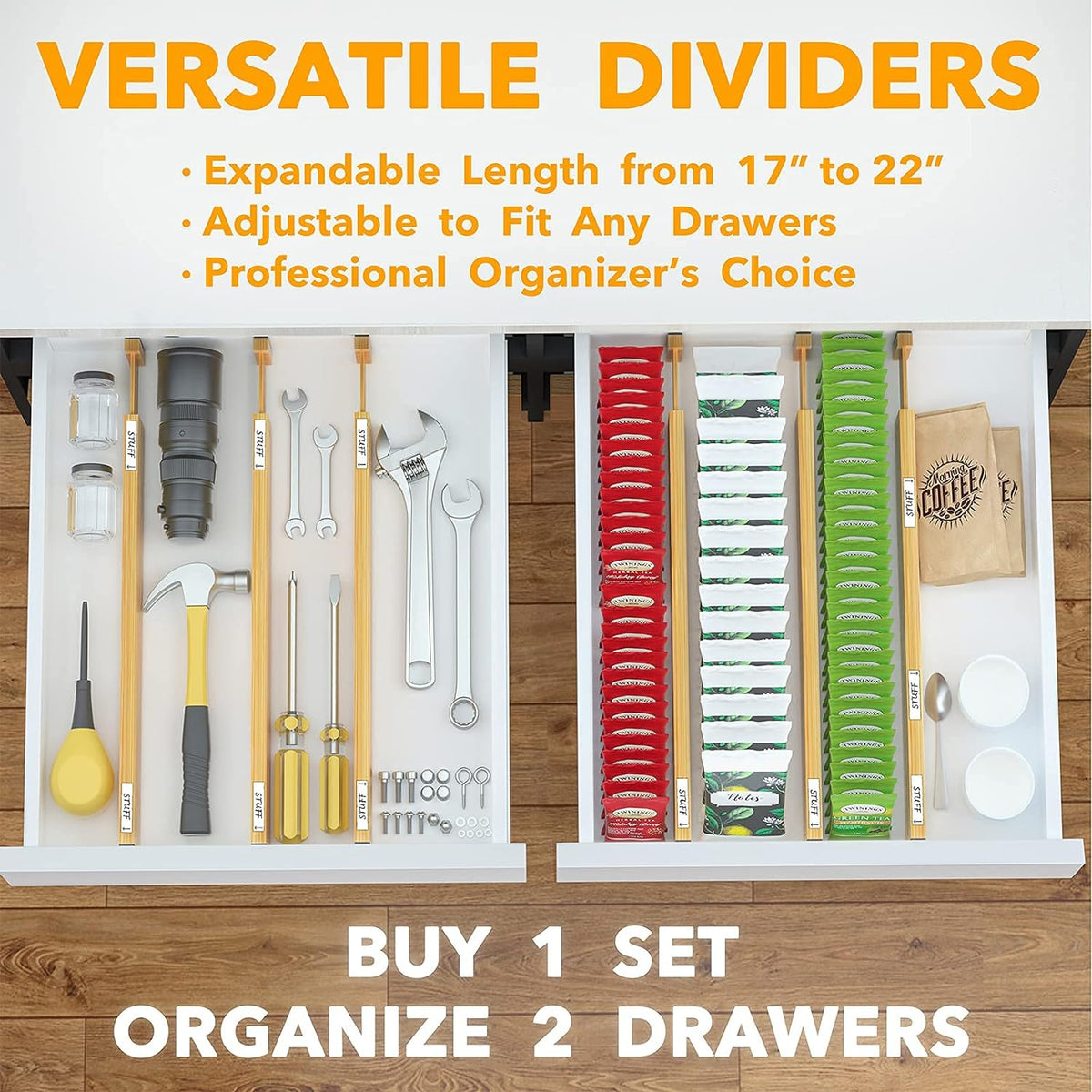 SpaceAid Bamboo Drawer Dividers with Labels, Kitchen Adjustable Drawer Organizers, Expandable Organization for Home, Office, Dressers and Bathroom, 6 Dividers (17-22 in)