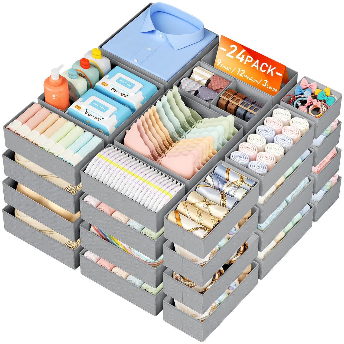 DIMJ Drawer Organizer Clothes - 20 Pack Closet Drawer Organizer Bins for Baby Clothes Storage, Fabric Dresser Organizer for Nursery Bedroom, Foldable Small Drawer Dividers for Underwear Socks