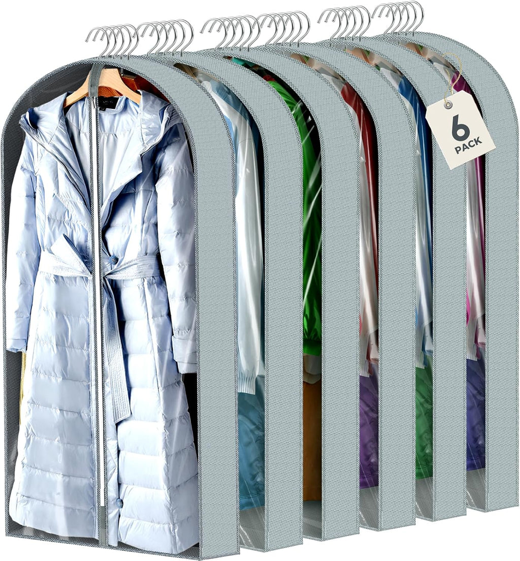 6 Pcs 60" Garment Bags for Hanging Clothes, Clear Suit Bags for Closet Storage Clothing Storage, Garment Bags Shoulder Covers with 4" Gussets for Coats, Jackets, Shirts and Sweater