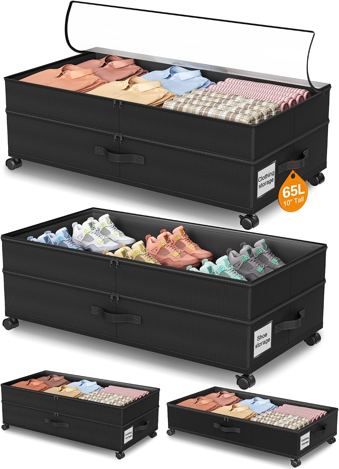 Under Bed Storage with Wheels,2Pack Underbed Shoe Storage Organizer,7.5-10.6 inchTall Adjustable Storage for Underbed with Lids,65L Extra large capacity for Clothes, Blankets,Shoes