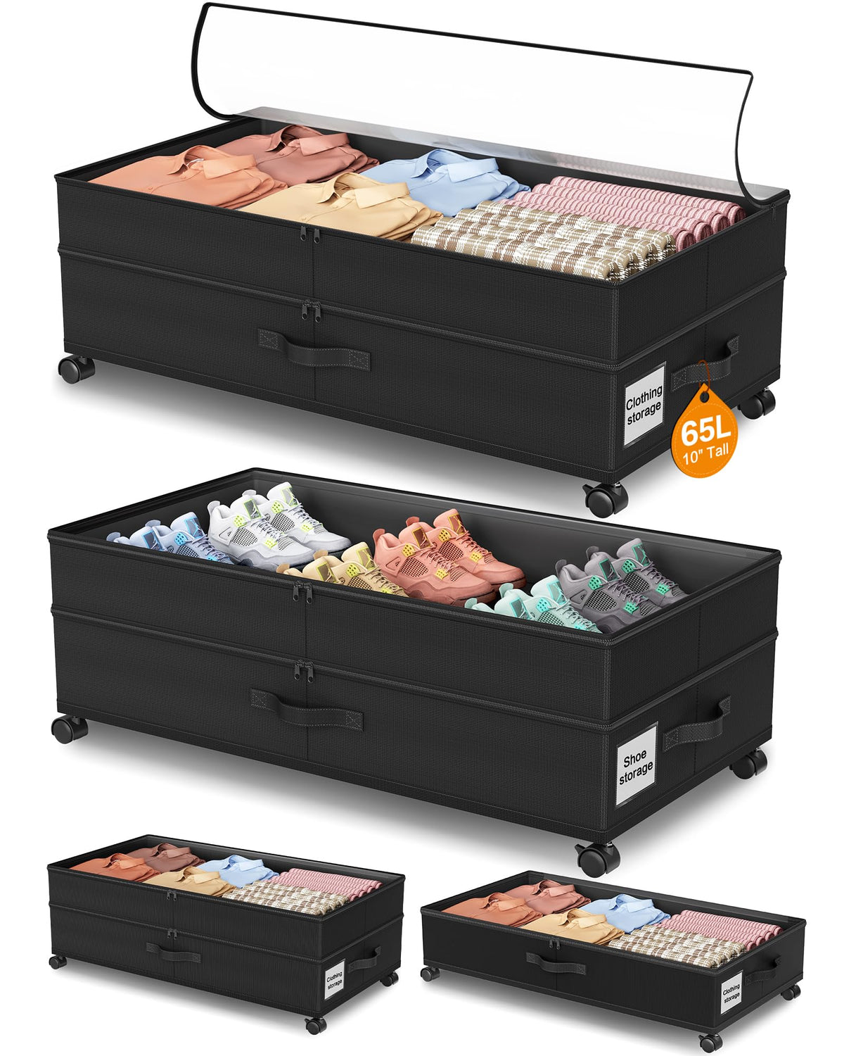 Under Bed Storage with Wheels,2Pack Underbed Shoe Storage Organizer,7.5-10.6 inchTall Adjustable Storage for Underbed with Lids,65L Extra large capacity for Clothes, Blankets,Shoes
