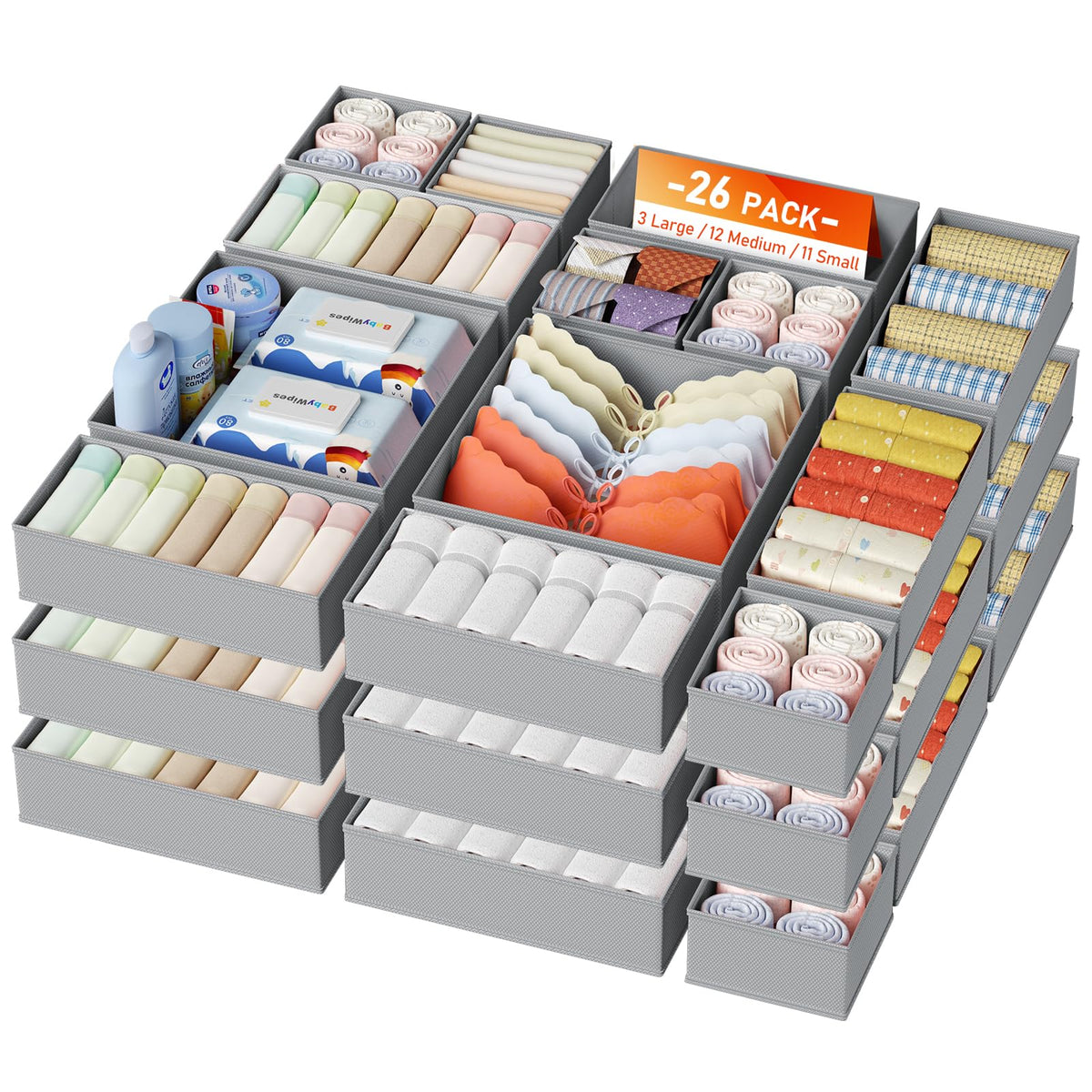 DIMJ Drawer Organizer Clothes, 12 Pack Dresser Organizer for Nursery, Baby Clothes, Underwears, Sock, Fabric Dresser Bins, Drawer Dividers, Foldable Closet Organizers and Storage(Beige)