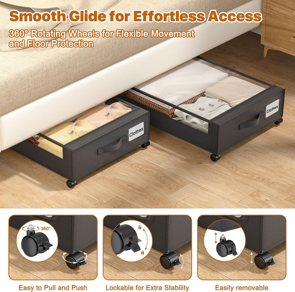 Under Bed Storage with Wheels,XXL 60L Under Bed Storage Containers with Clear Lids, Rolling Under Bed Metal Drawer for Clothes, Shoes,Toys (Black, 2 Pack)