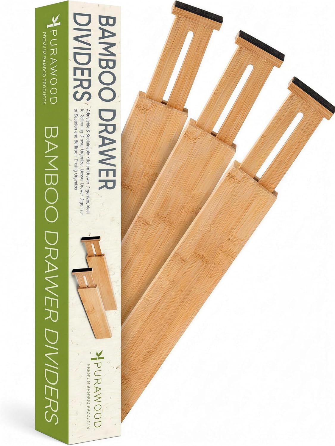 Purawood Bamboo Drawer Dividers, Adjustable Spring-Loaded, Expandable Kitchen Organizer, Set of 4, Water-Resistant Finish for Kitchen, Dresser, Bedroom and Bathroom - Natural