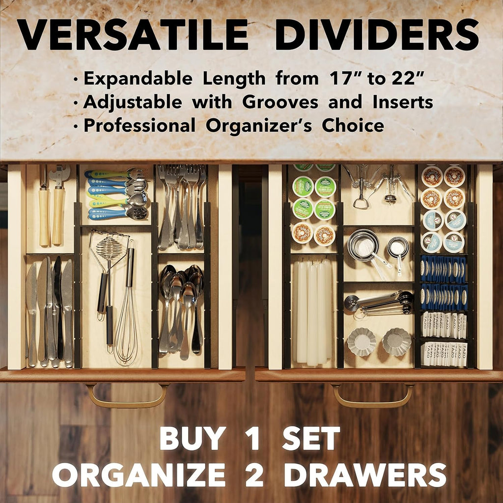 SpaceAid Bamboo Drawer Dividers with Inserts and Labels, Kitchen Adjustable Drawer Organizers, Expandable Organization for Home, Office, Dressers, 7 Dividers with 15 Inserts (17"-22" Black)