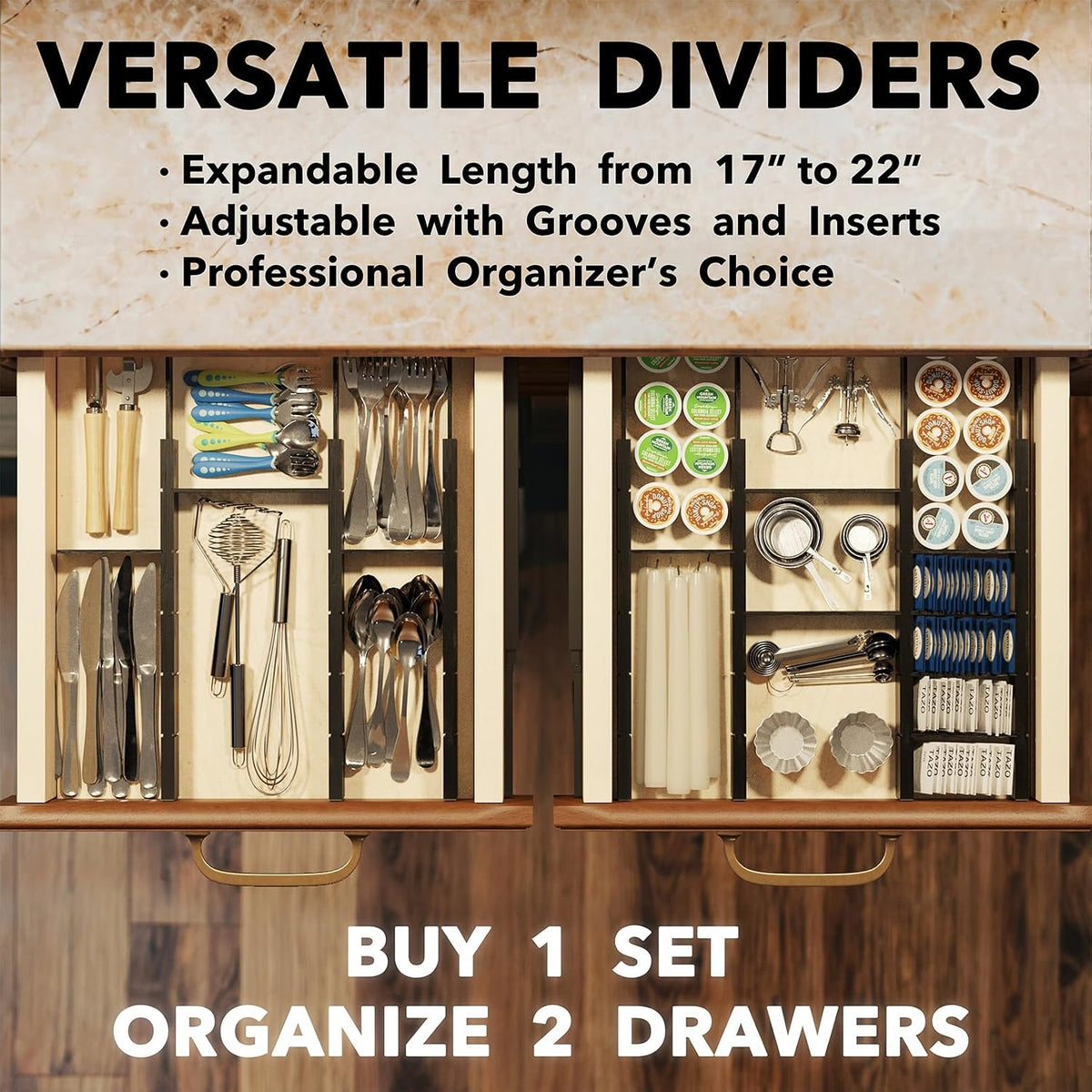 SpaceAid Bamboo Drawer Dividers with Inserts and Labels, Kitchen Adjustable Drawer Organizers, Expandable Organization for Home, Office, Dressers, 7 Dividers with 15 Inserts (17"-22" Black)