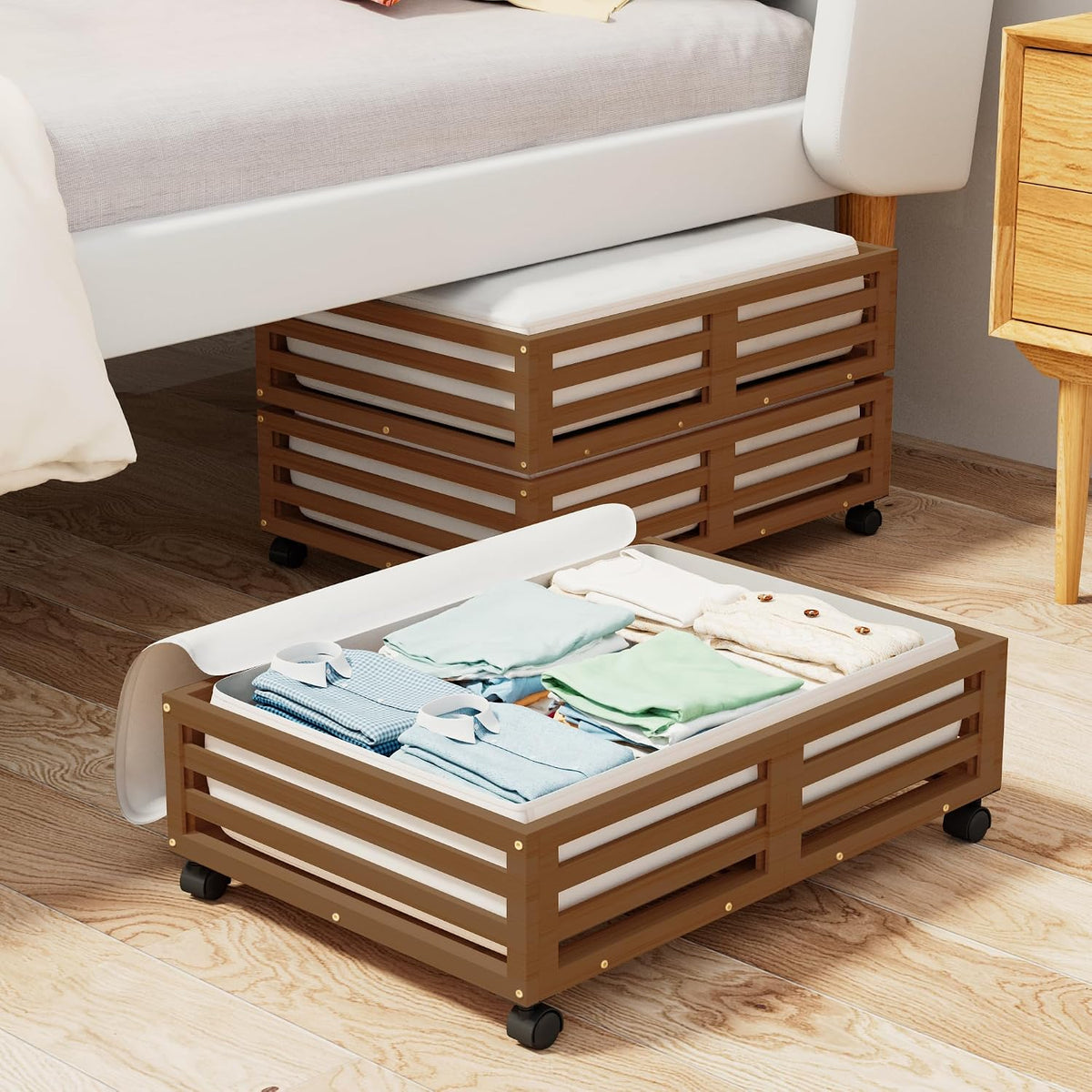 Bamboo Under Bed Storage with Wheels Rolling Underbed Drawer with Lids