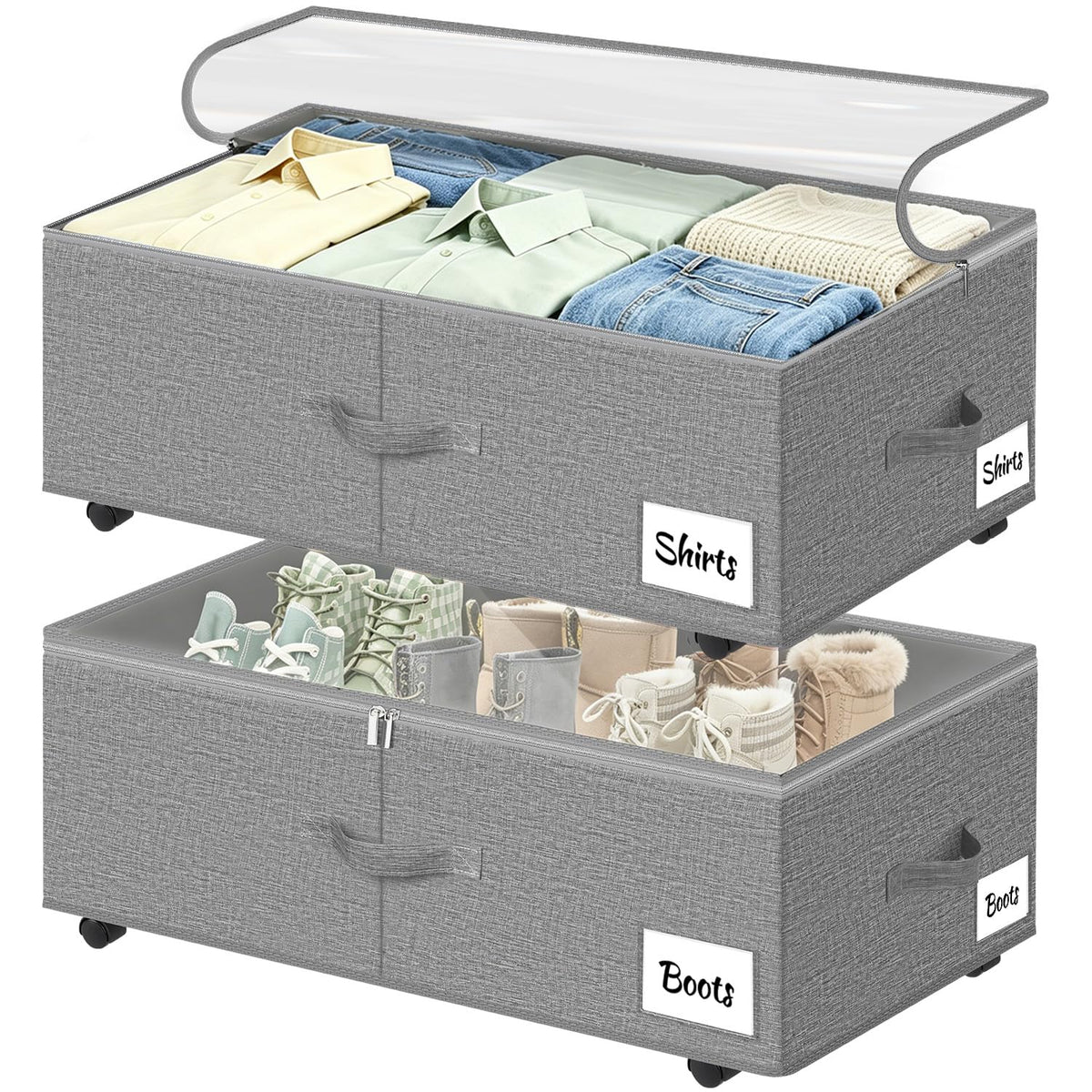 Under Bed Storage with Wheels, 2 Pack Underbed Storage Containers with Clear Lid & Label, XXL 75L Easy Assembly Rolling Under Bed Shoe Storage for Clothes, Shoes, Blankets, Black(28.3 X 16.5 X 9.5 in)