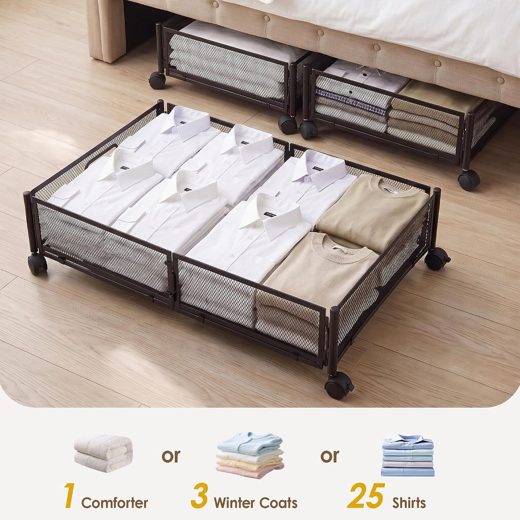 VECELO Under Bed Storage Containers with Wheels, Foldable Shoe Organizer Drawer with Handles, Space Saving for bedroom, Tool-free Assembly, 2 Pack